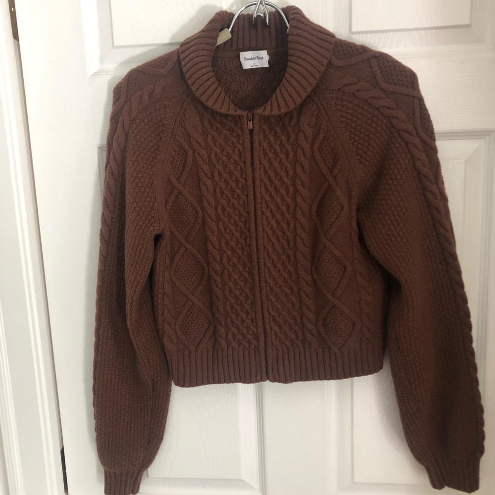Aritzia Sunday Best Women's Cable Knit Zip Cropped Sweater - Reddish Brown